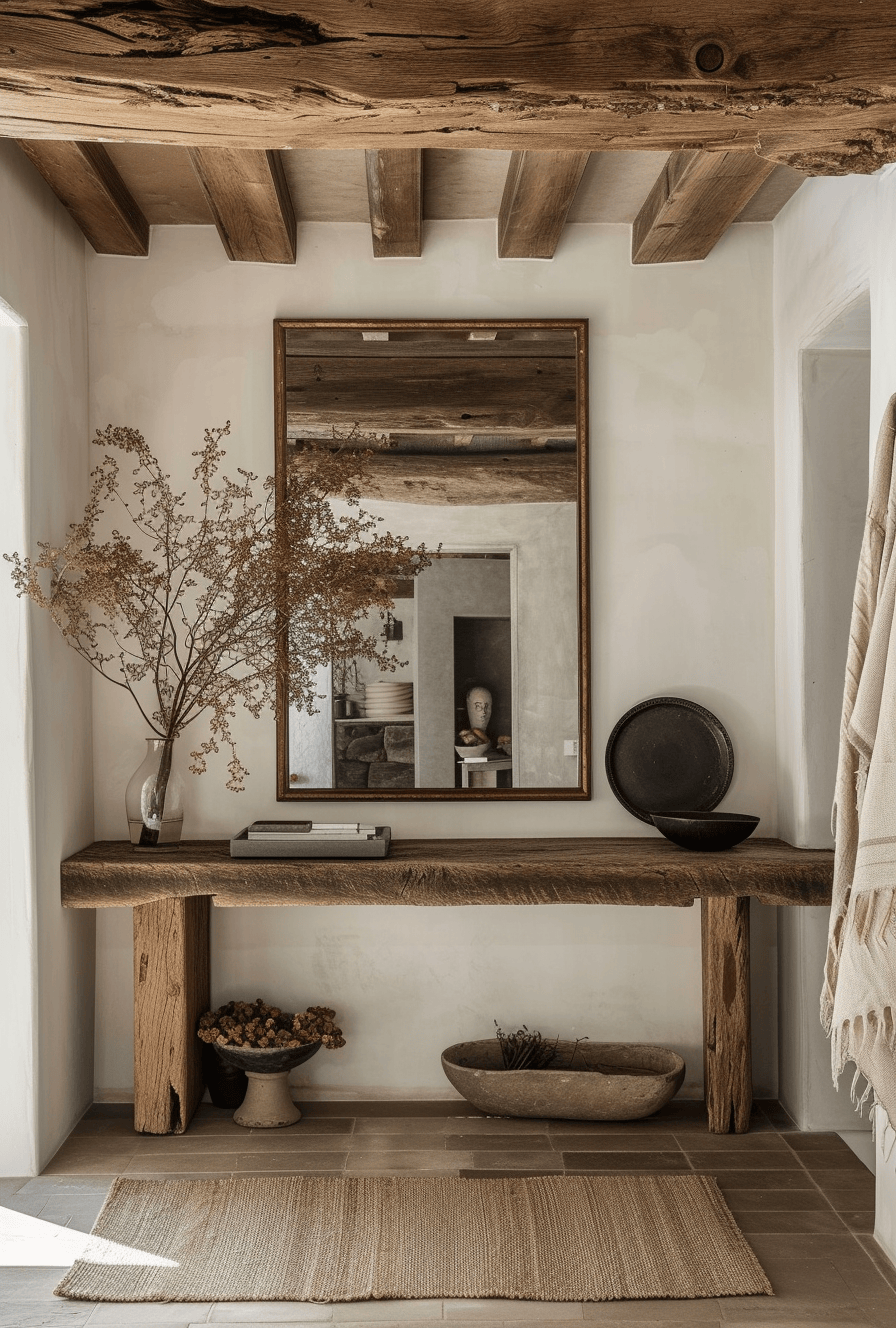 Comfort and style in a rustic hallway, featuring plush textiles and rustic wood finishes for a cozy welcome