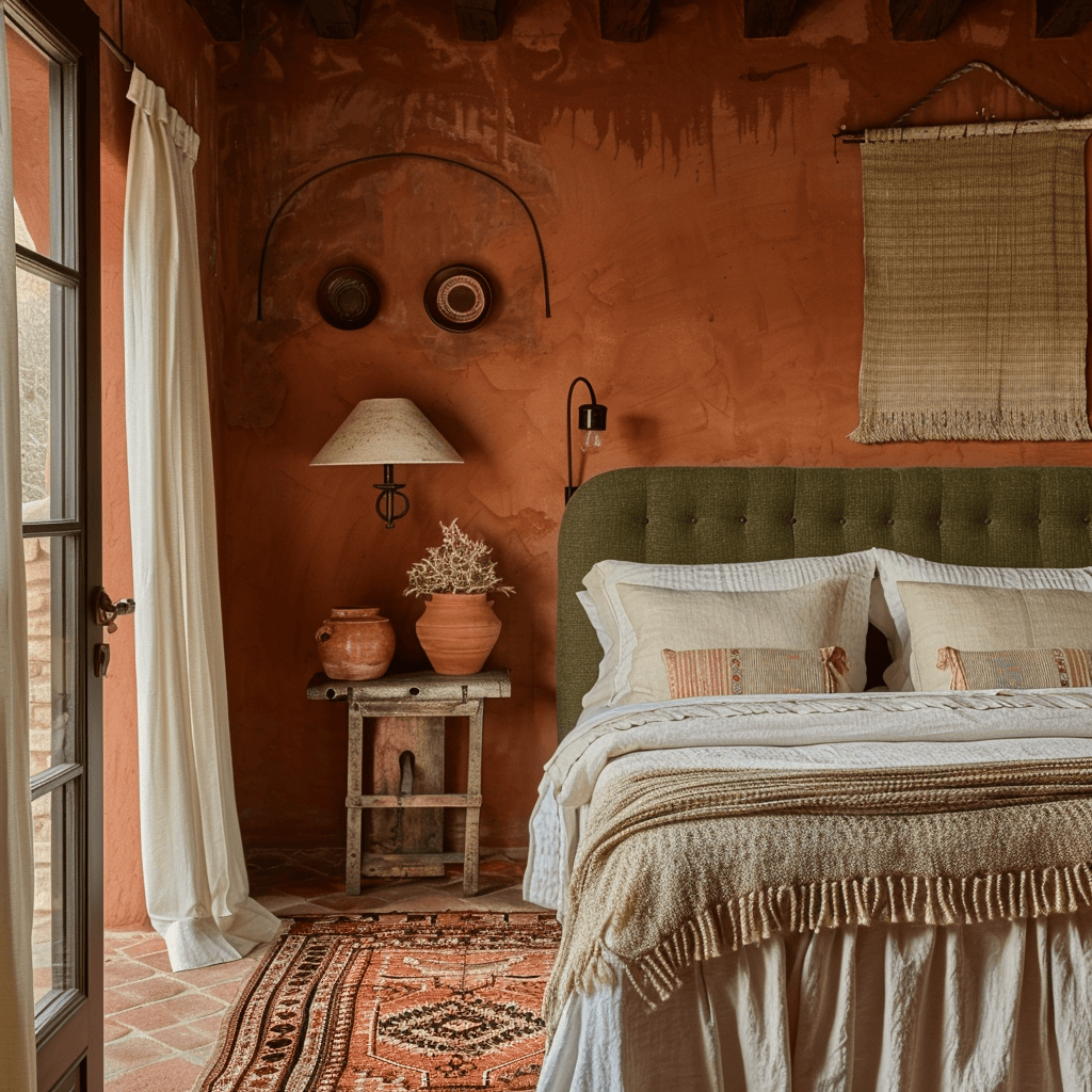 Comfortable Mediterranean bedroom showcasing earthy terracotta walls, a luxurious olive green headboard, soft cream sheets, a woven jute rug, and terracotta nightstand decor