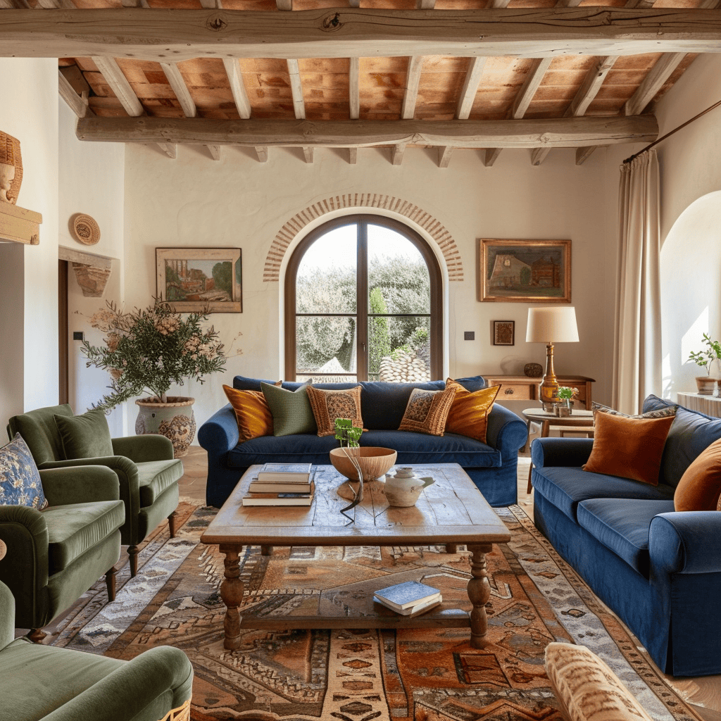Comfortable Mediterranean living area with a striking blue sofa, coordinating olive seating, a well-loved wooden table, and a charming terracotta-colored ceramic tabletop