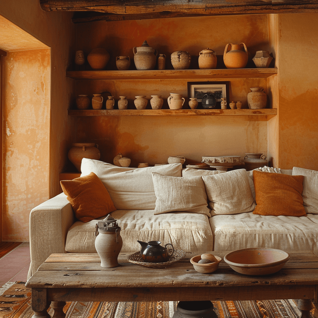 Comfortable Mediterranean living area with soothing terracotta walls, a sandy-hued sofa, and a variety of earth-toned pottery displayed on a weathered bookcase