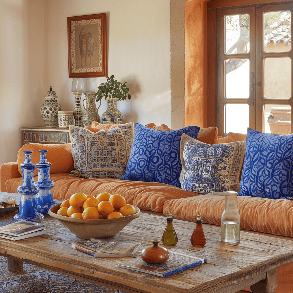 Comfortable Mediterranean lounge with warm tones, an earthy couch, vibrant accents, and a rustic coffee table