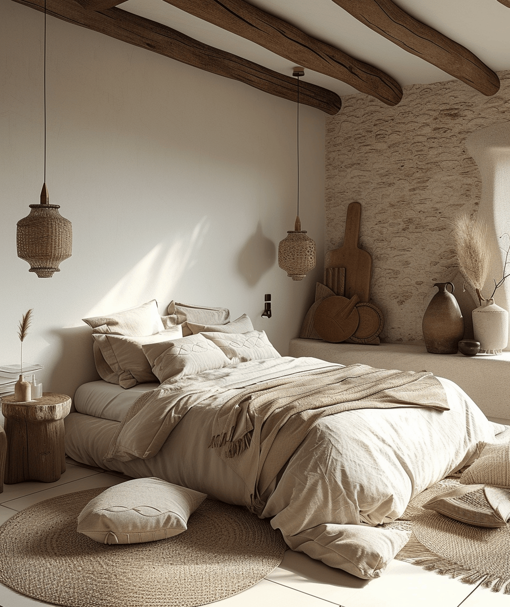 Comfortable rustic bedroom adorned with chunky wool blankets for added texture