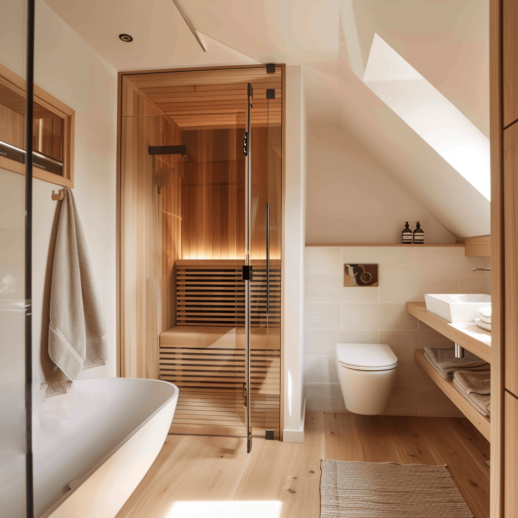 Compact Scandinavian bathroom with a space saving infrared sauna tucked in the corner