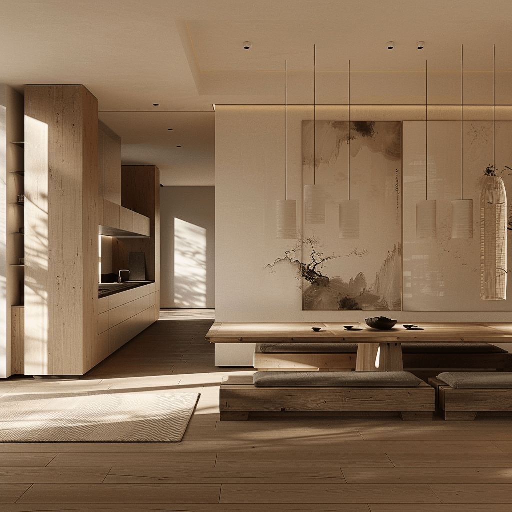 Concrete elements blending with wood in a Japandi dining room