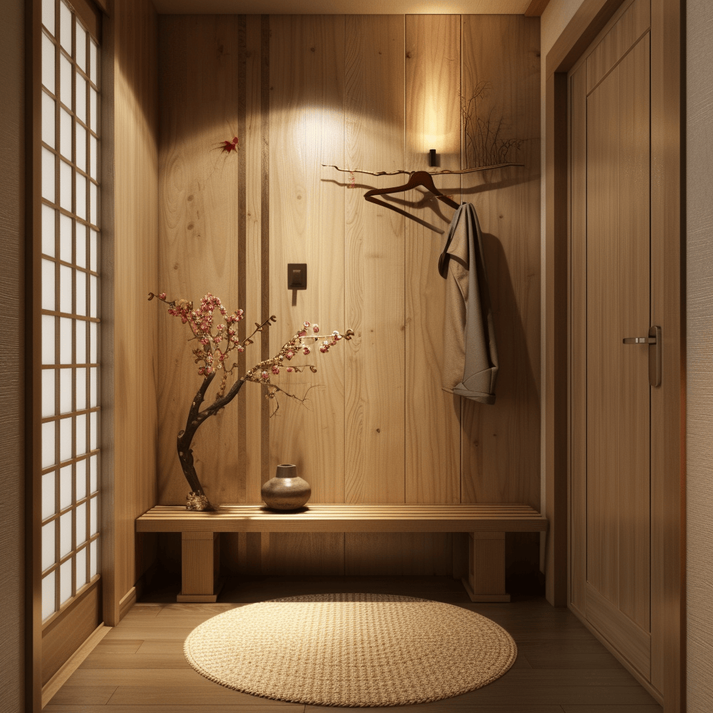 Contemporary Japandi entryway table decor emphasizing clean lines and minimalism
