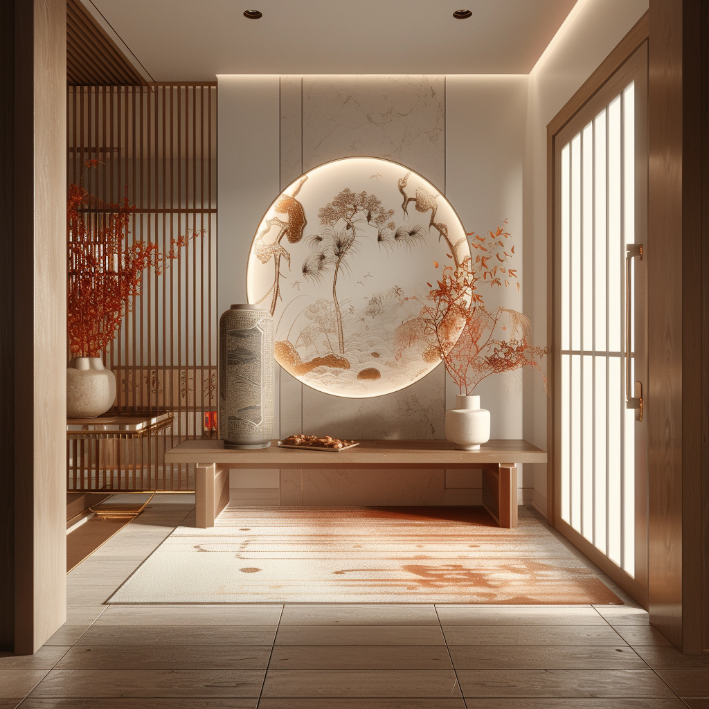 Contemporary Japanese hallway with a touch of traditional decor in the genkan area