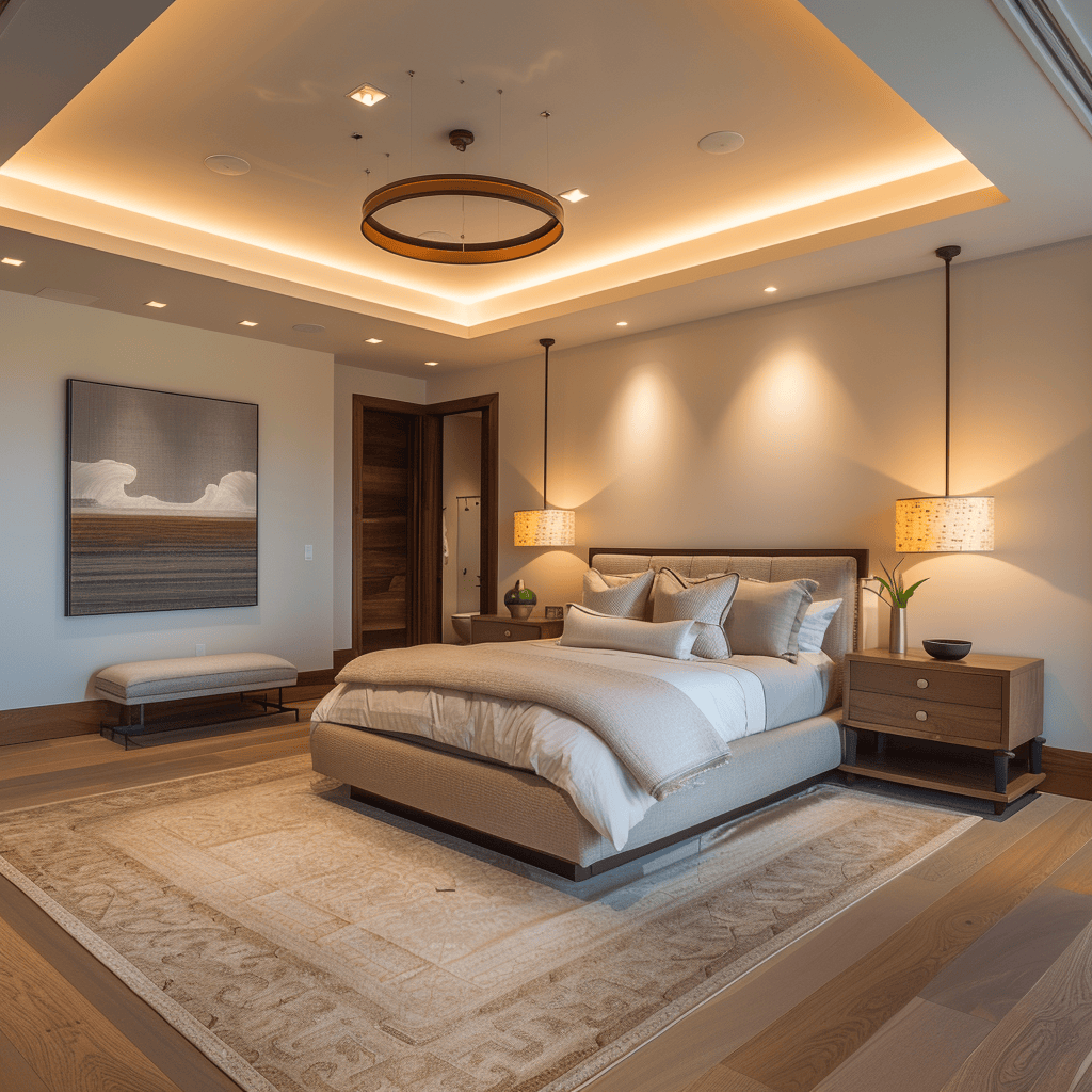 Contemporary bedroom showcasing a combination of ambient lighting sources to create a warm and inviting atmosphere