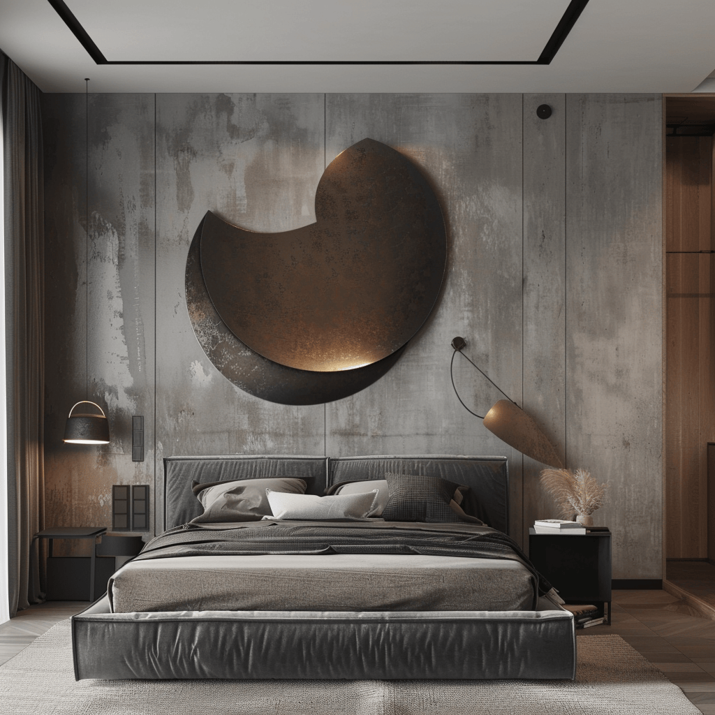 Contemporary bedroom showcasing a curated selection of simple yet thought-provoking art pieces that enhance the overall design