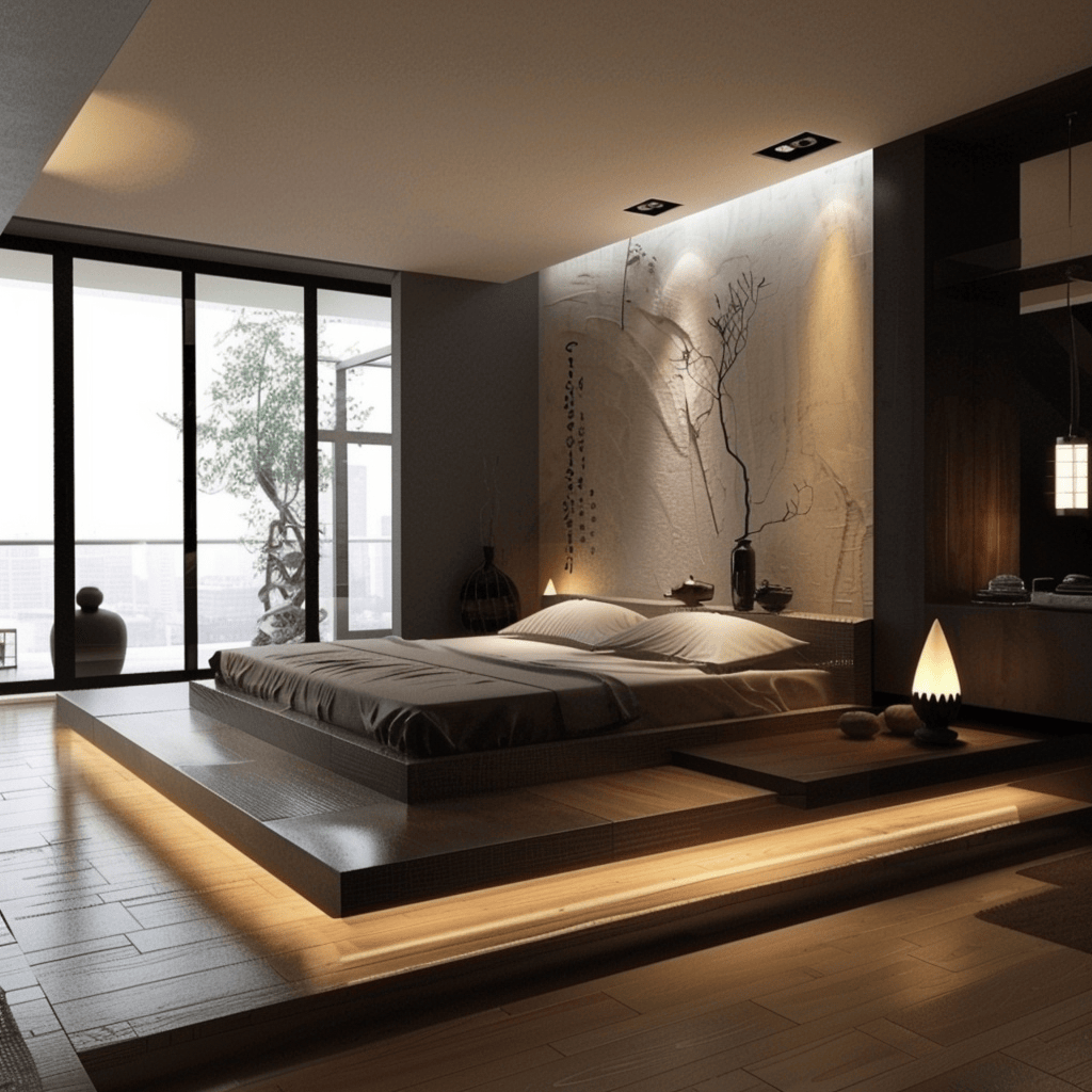 Contemporary bedroom showcasing a minimalist platform bed as a central focal point of the design
