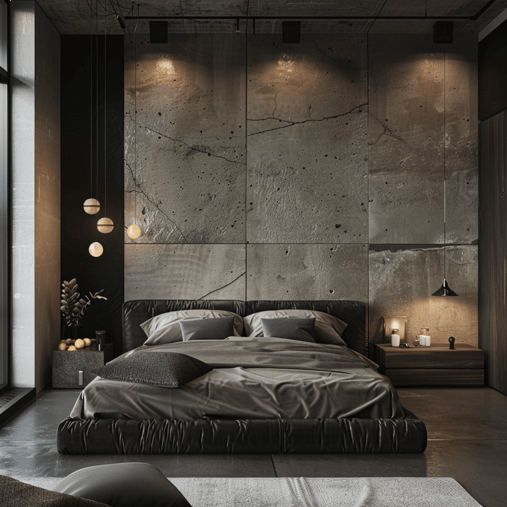 Contemporary bedroom showcasing a raw and sophisticated look with the incorporation of stone and concrete accents