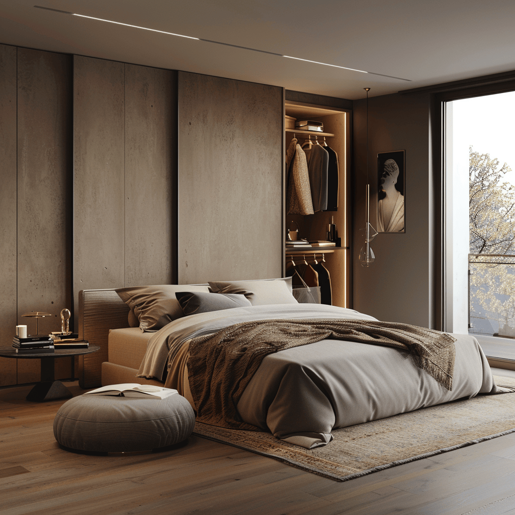 Contemporary bedroom showcasing custom-designed storage solutions that blend seamlessly with the overall aesthetic