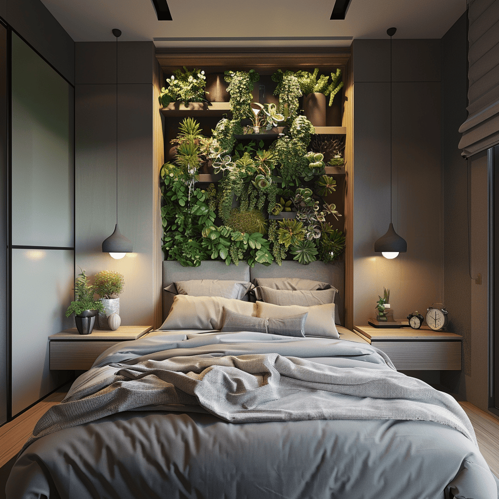 Contemporary bedroom showcasing the use of greenery and plants to bring life and vitality to the space