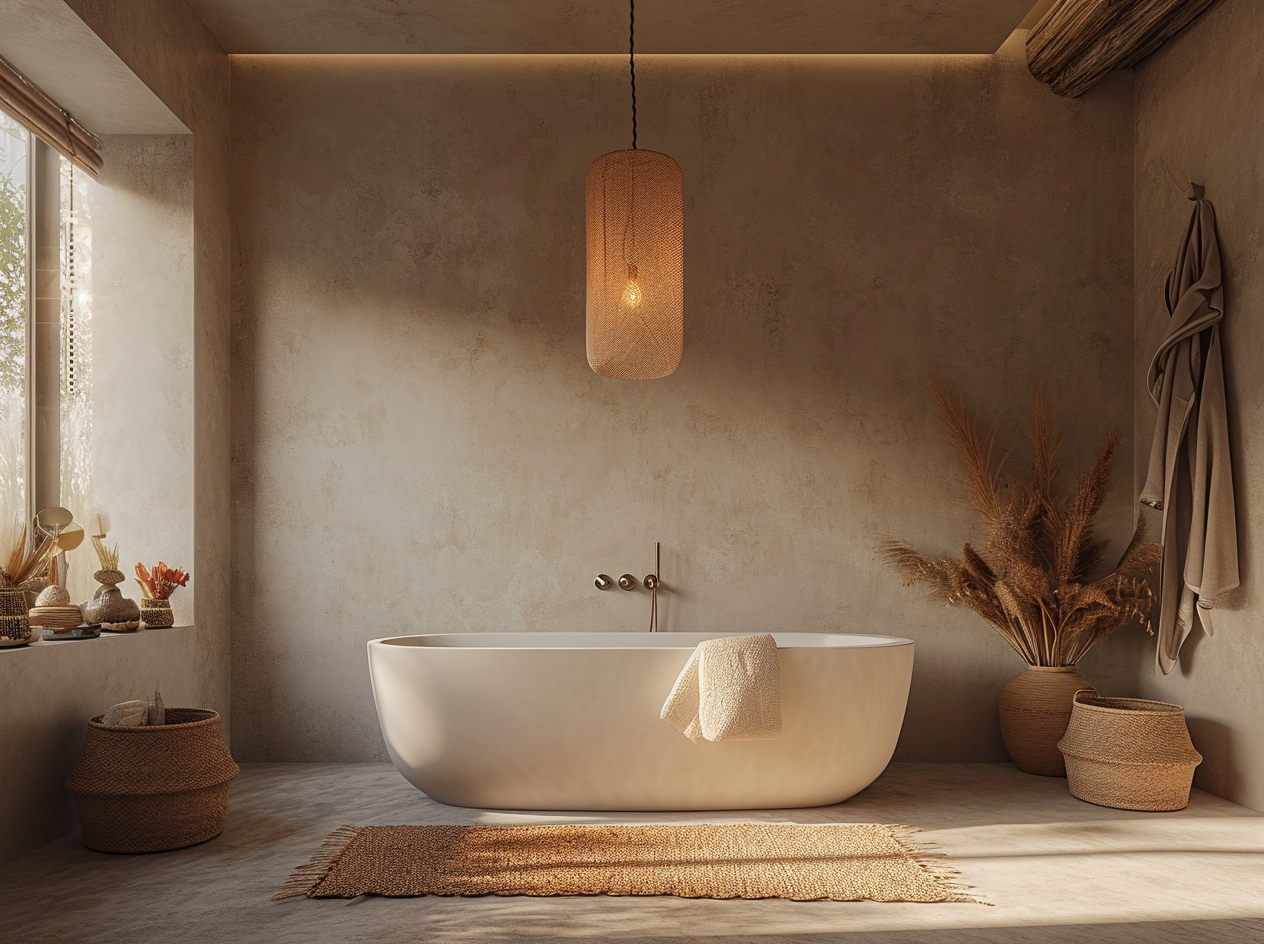 Contemporary boho bathroom with concrete elements and minimalistic design