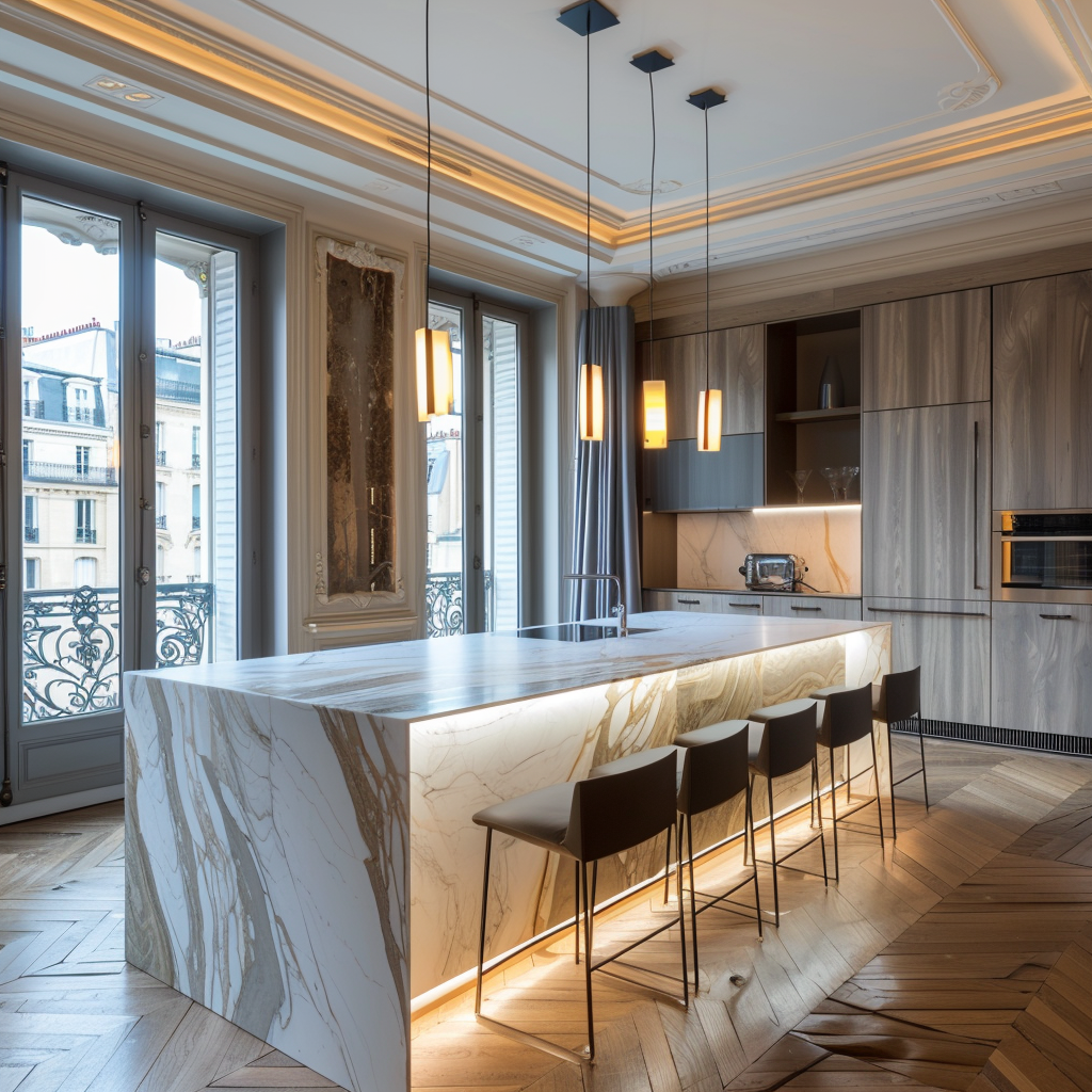 Contemporary kitchen illuminated by stylish, geometric lighting fixtures, adding character to the minimalist design