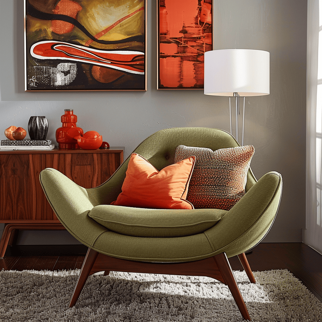 Contemporary living room with retro avocado green chair and tangerine pillows