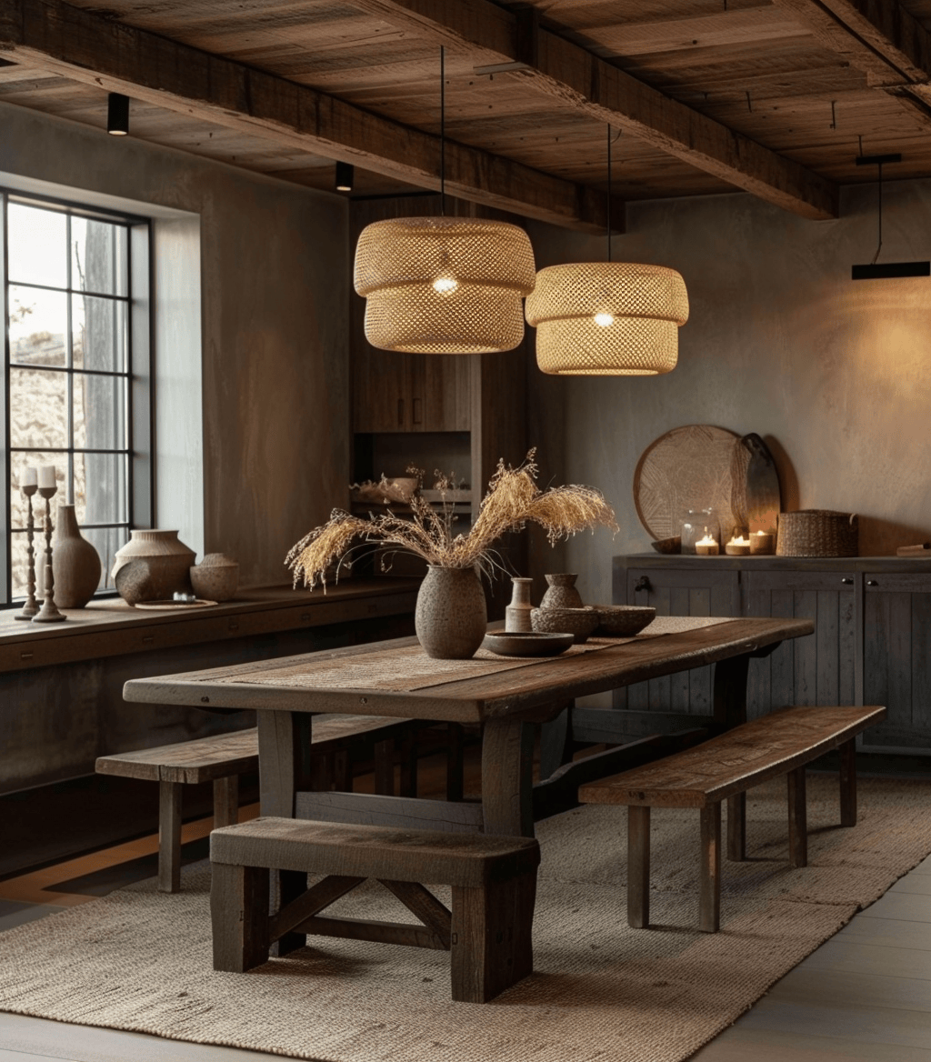 Country feel in a rustic dining room with hardwood flooring