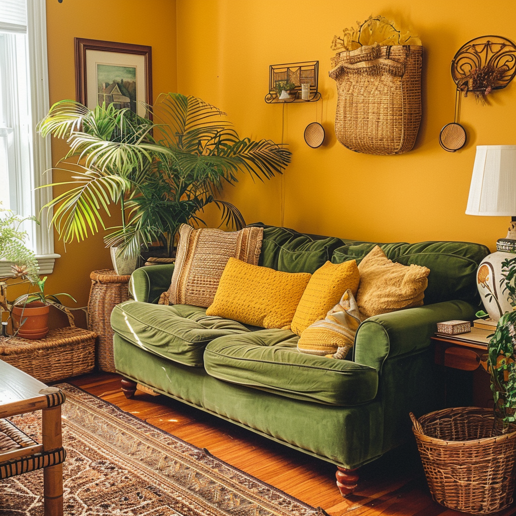 Cozy 70s living room  harvest gold walls  avocado velvet sofa  woven accents