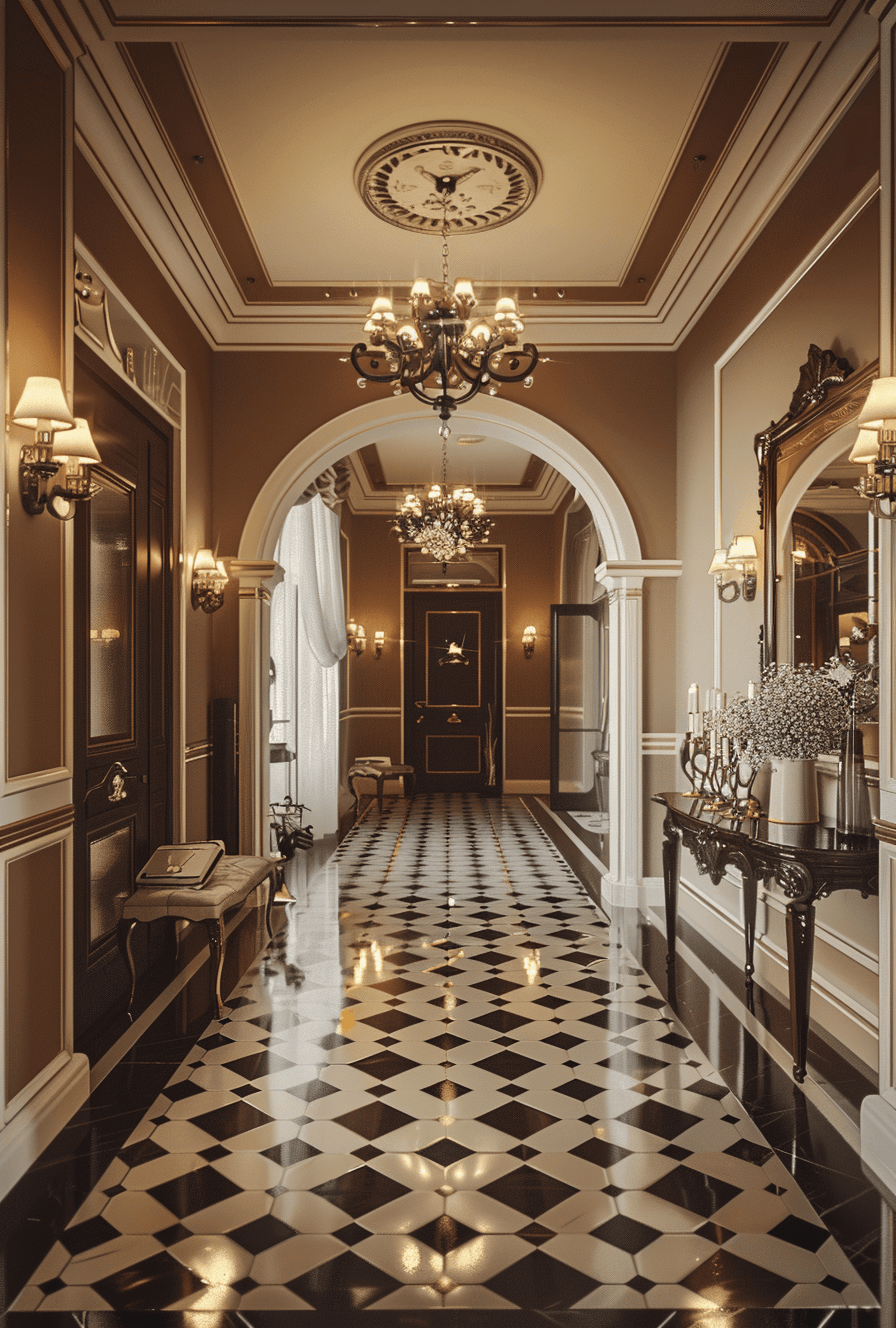 Cozy Art Deco hallway with oriental rugs and linear wall sconces for symmetry