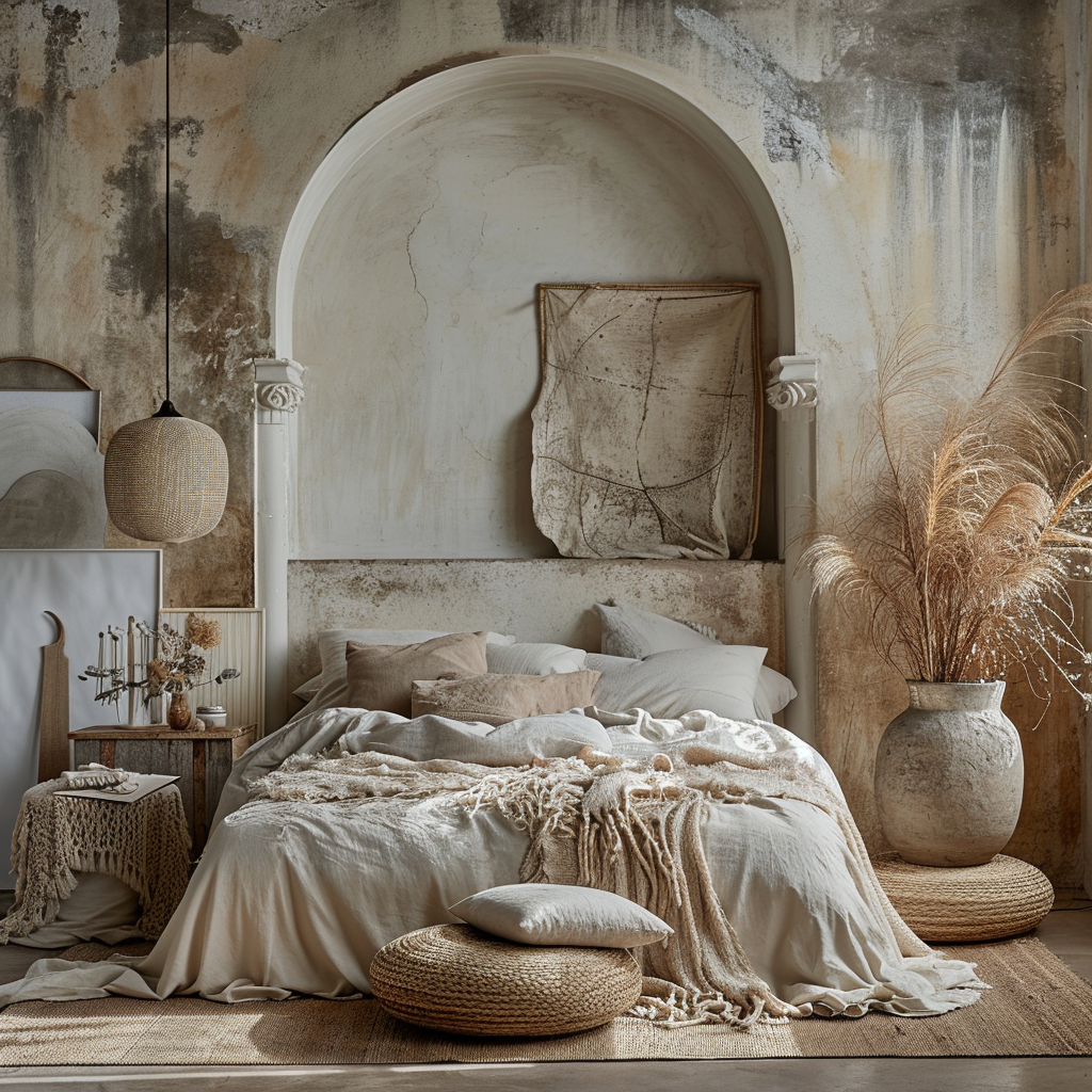 Cozy Boho bedroom with eclectic wall decor and plush bedding