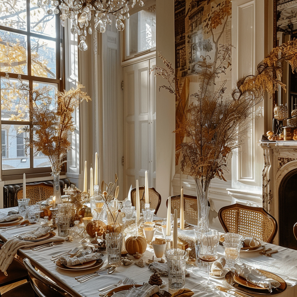 Cozy French Parisian dining space with Persian rugs and fine china display cabinets