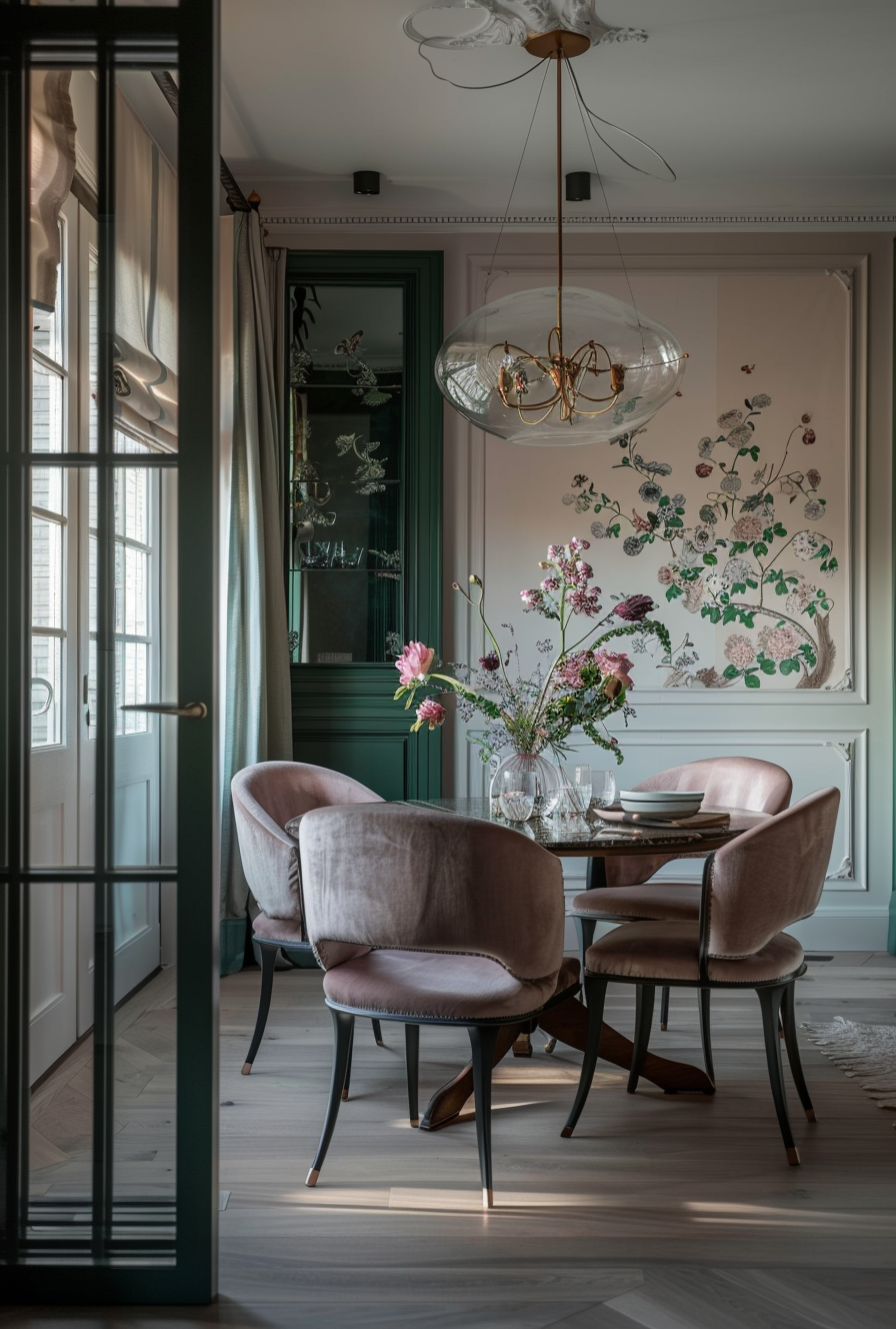 Cozy French Parisian dining space with bookcases and ornamental plates