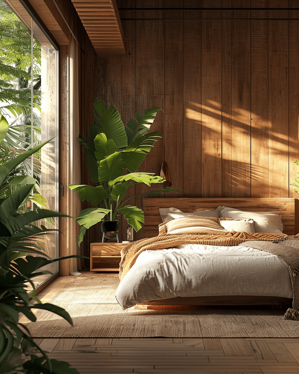 Cozy Japandi bedroom featuring soft lighting and clean, simple lines