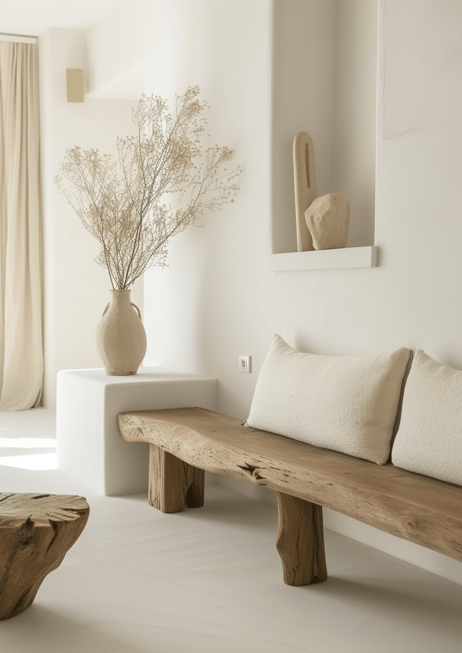 Cozy Japandi entryway bench setup with plush cushions and natural wood