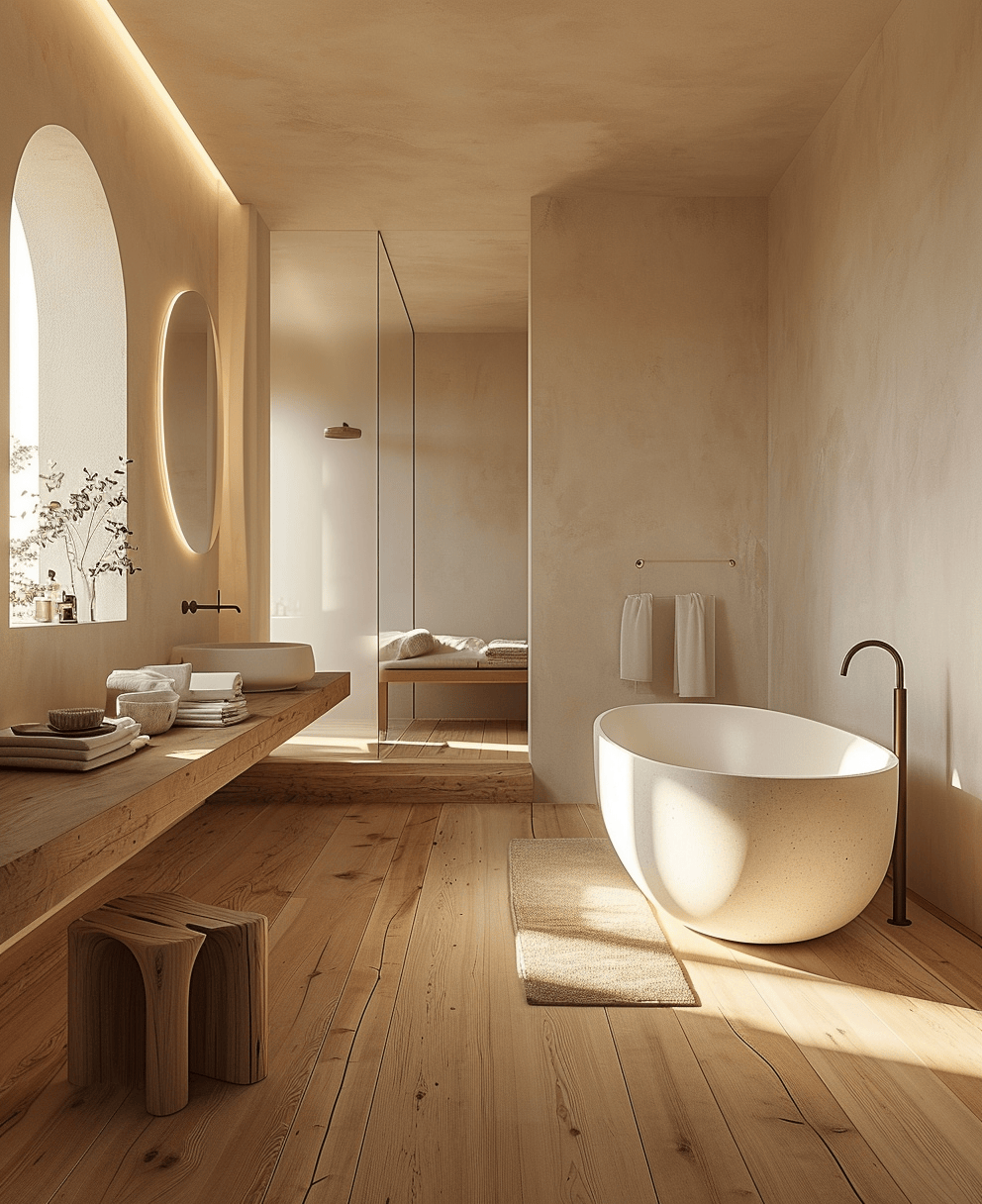 Cozy Japandi interiors of a bathroom with warm wood tones and soft lighting