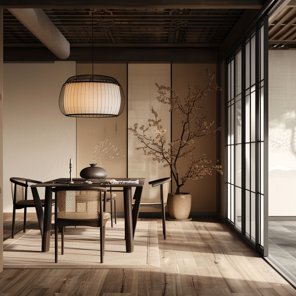 Cozy Japanese dining room with a kotatsu table surrounded by floor cushions