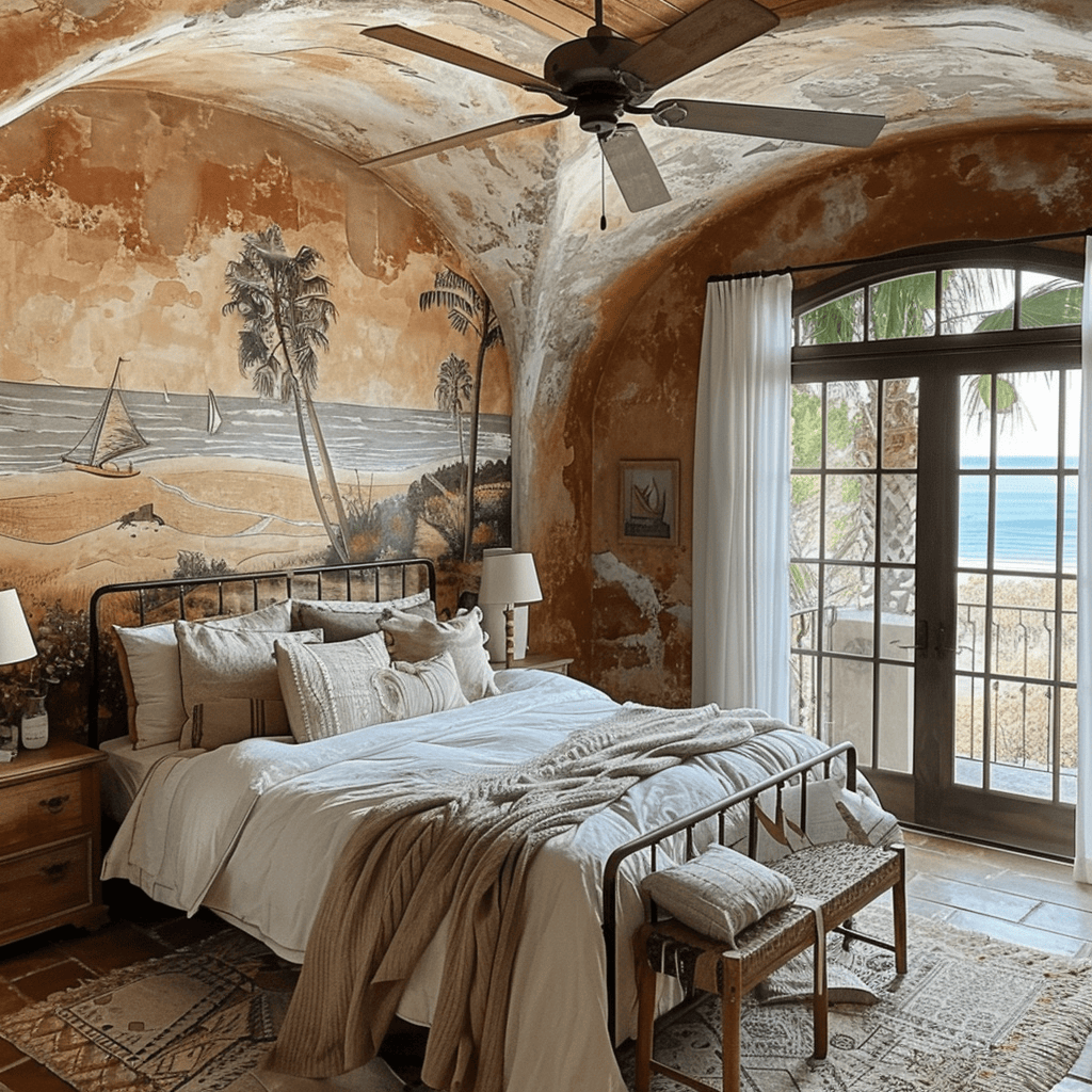 Cozy Mediterranean-inspired bedroom showcasing terracotta walls, a tactile ceiling, and a hand-painted coastal scene