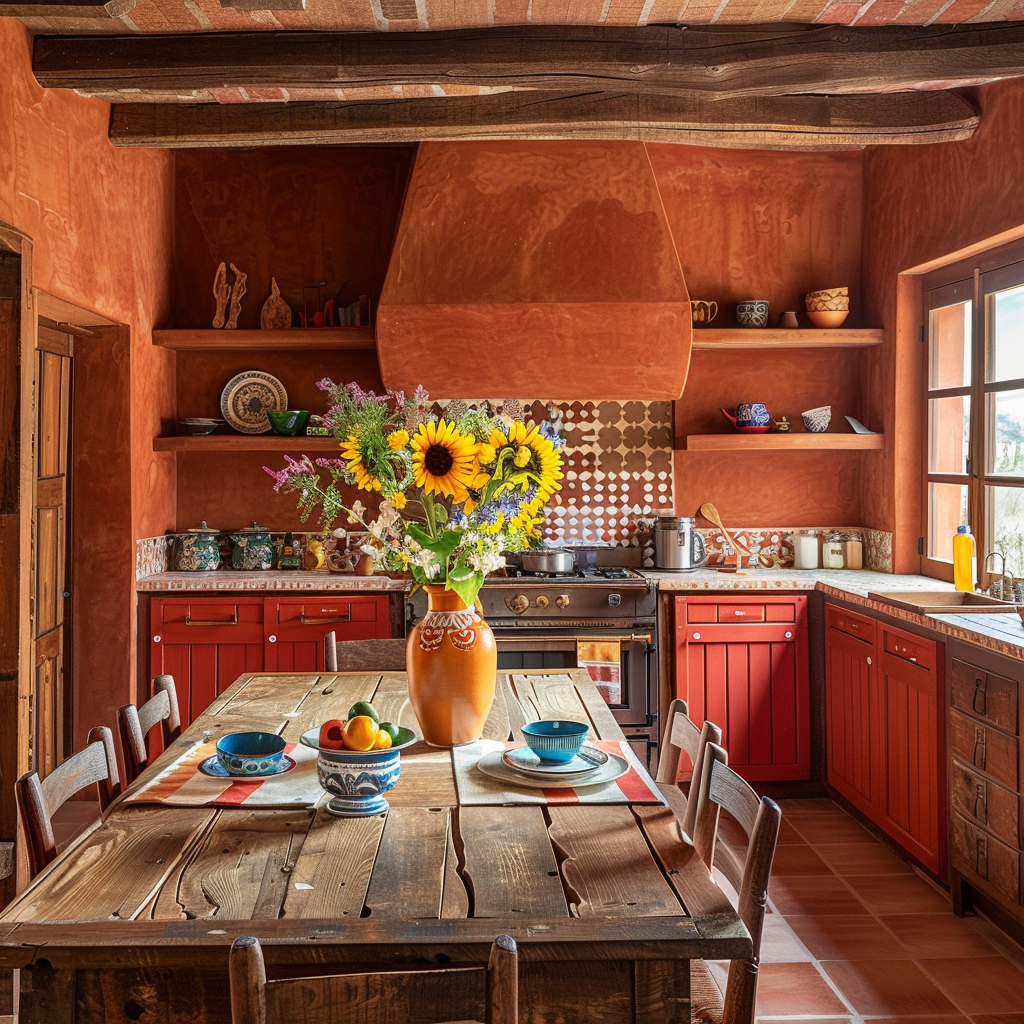 Cozy Mediterranean-style kitchen with earthy hues, warm wood tones, bright dinnerware, and a floral centerpiece