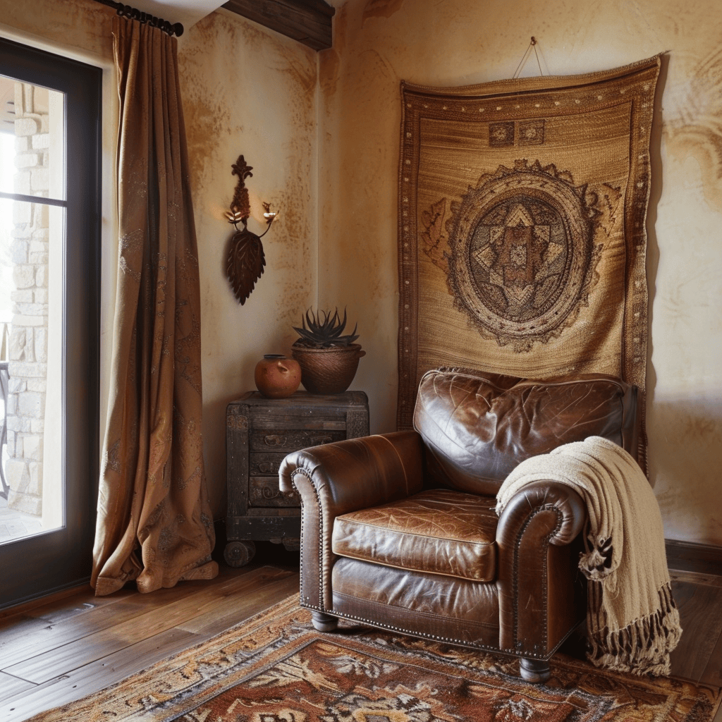 Cozy Mediterranean bedroom with rich brown wood flooring, a deep chocolate leather chair, and a woven wall hanging in warm spice tones