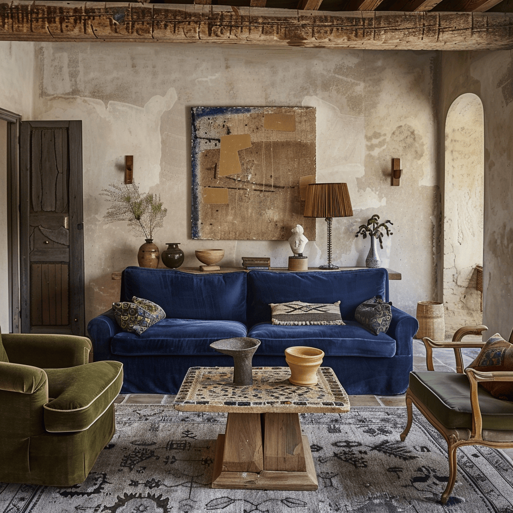 Cozy Mediterranean living area with a rich blue velvet sofa, earthy green armchairs, and a unique wooden table