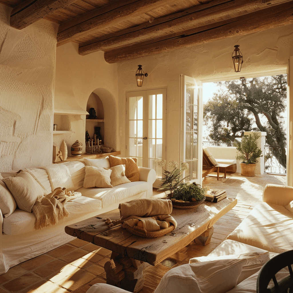 Cozy Mediterranean living room featuring natural textures and a welcoming ambiance