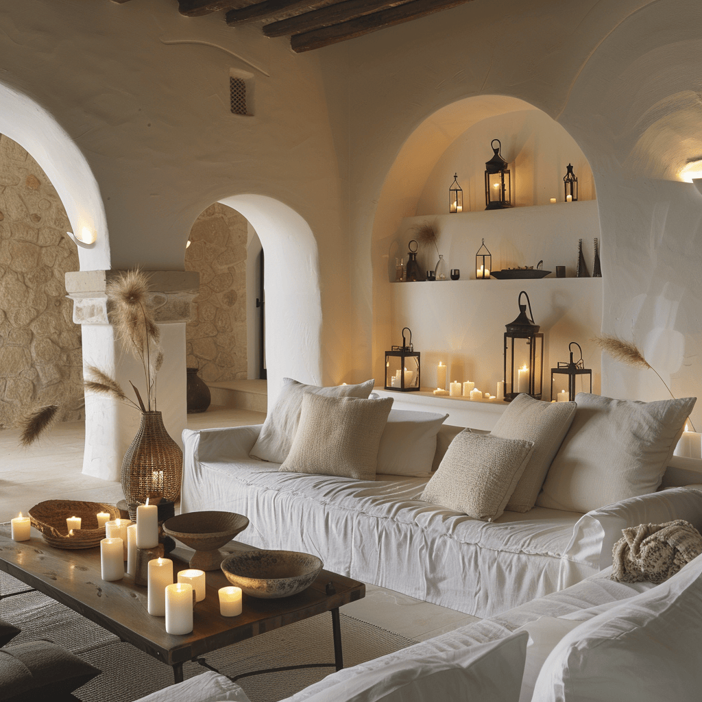 Cozy Mediterranean living room with a focus on incorporating candles and lanterns for a relaxing and inviting feel