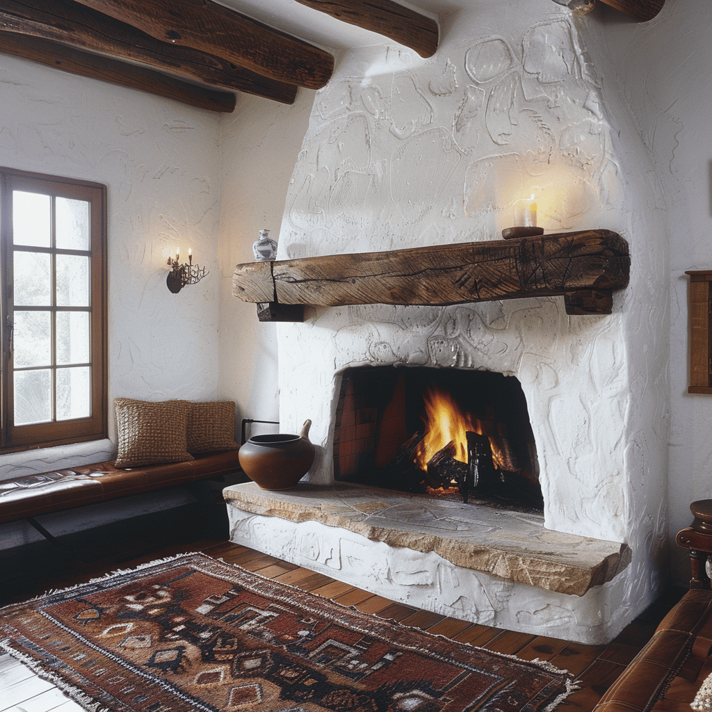 Cozy Mediterranean living room with a focus on incorporating fireplaces and mantels for a comfortable and inviting ambiance