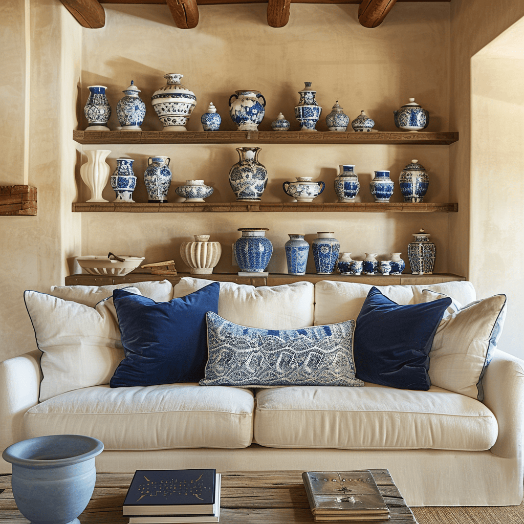 Cozy Mediterranean living room with warm beige walls, a cream sofa, deep blue throw pillows, and blue and white ceramic vases on a rustic bookshelf