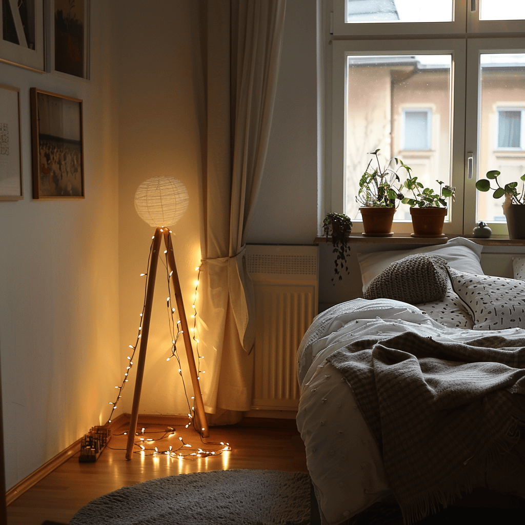 Cozy Scandinavian bedroom with soft, warm lighting from a modern floor lamp and twinkle lights
