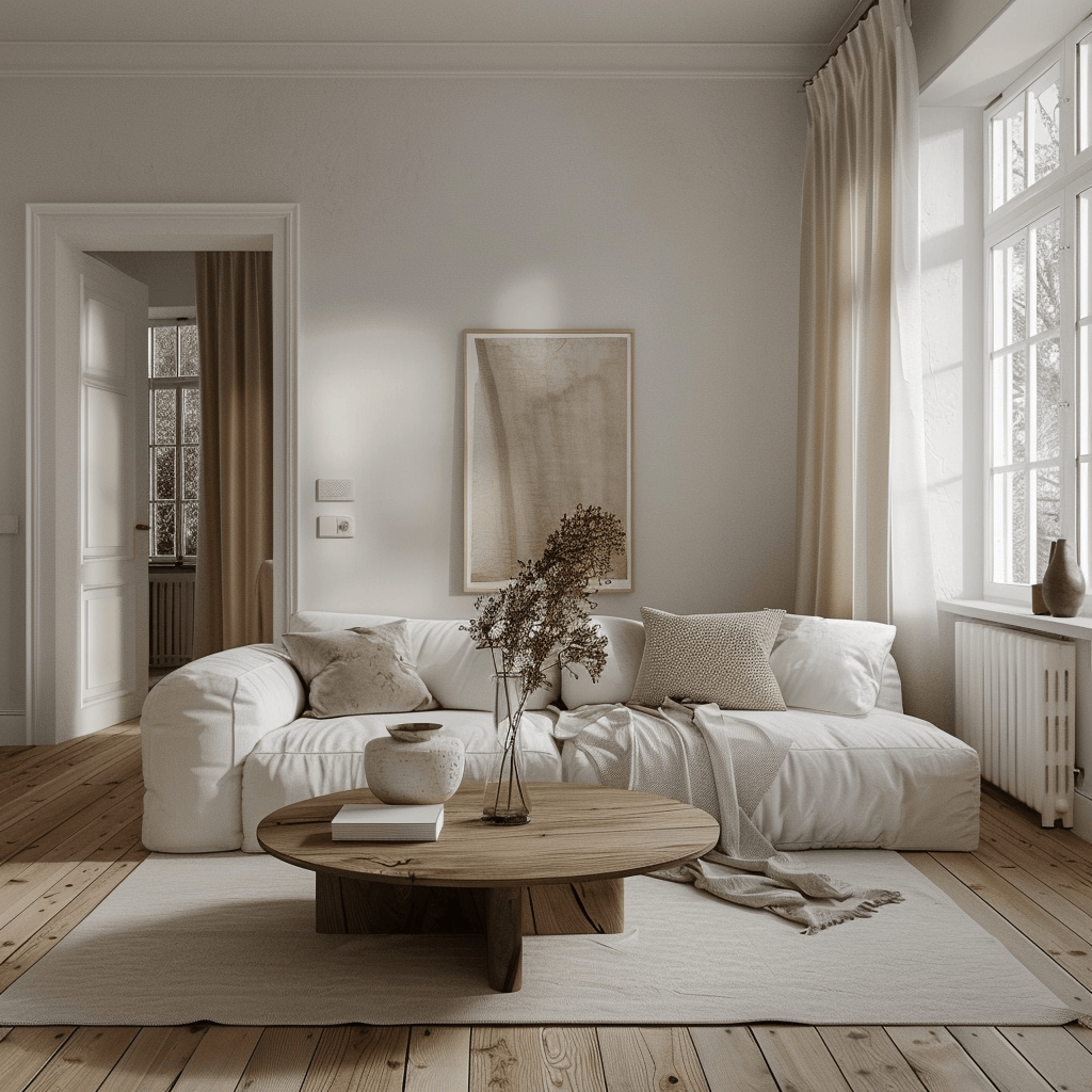 Cozy Scandinavian living room with a medium-toned wood floor, white sofa, and simple oak coffee table