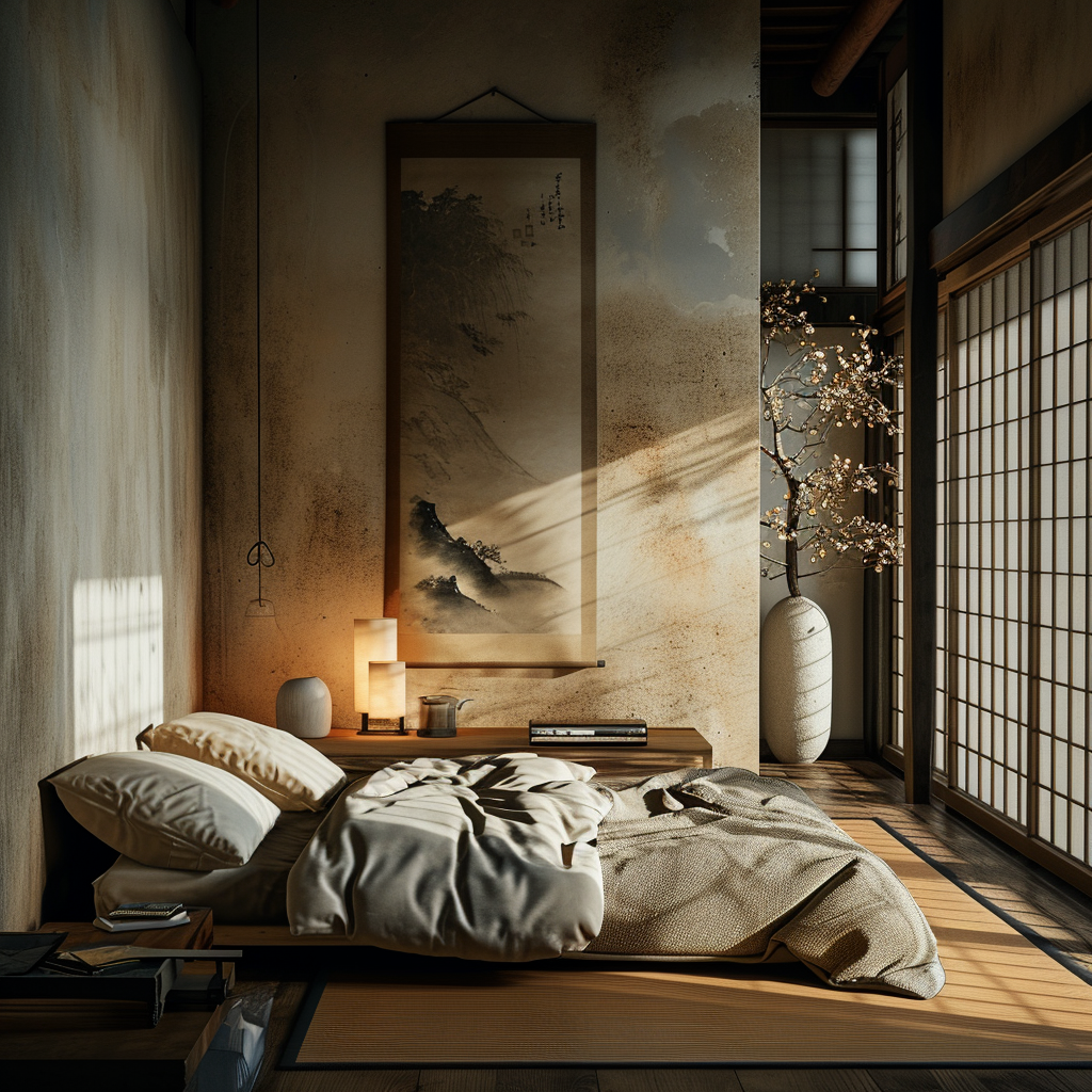 Cozy and inviting Japanese bedroom with warm wooden accents.