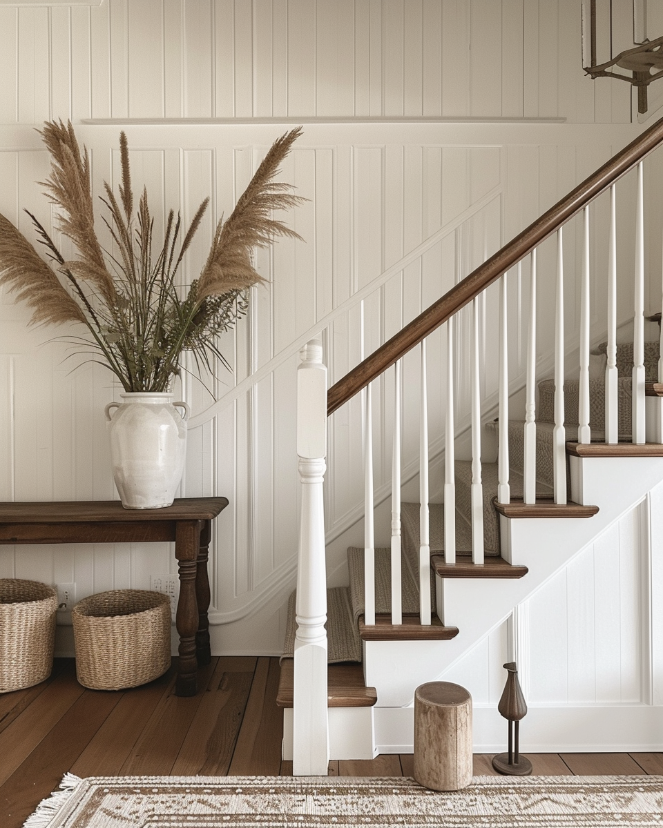 Cozy and inviting farmhouse hallway with burlap textiles and charming decor