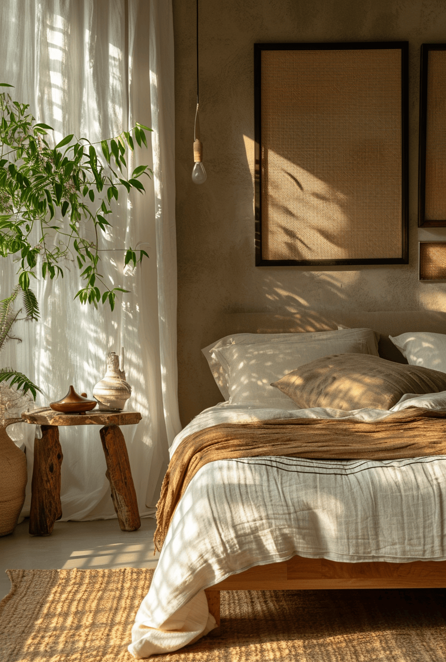 Cozy and minimalist Japandi bedroom with a warm, inviting ambiance