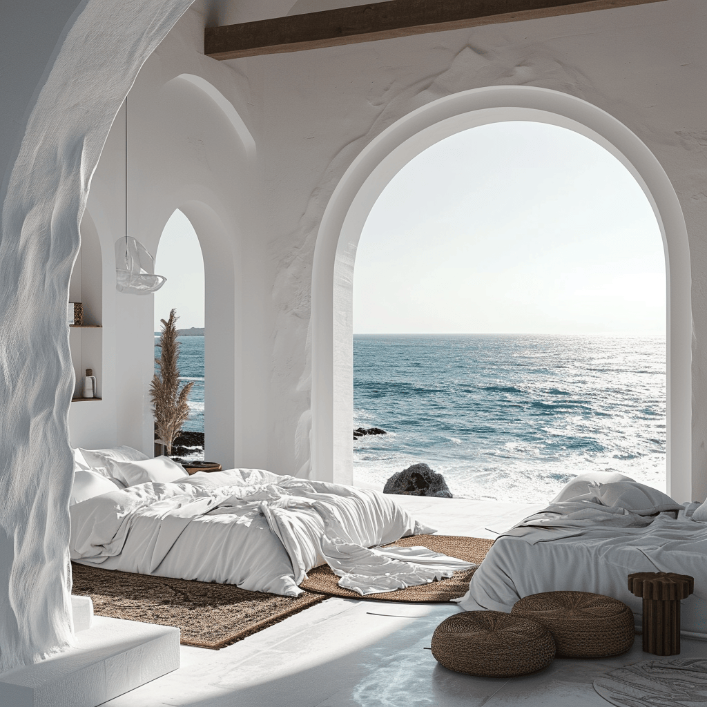 Cozy coastal bedroom nook with built-in shelving and a comfortable reading chair