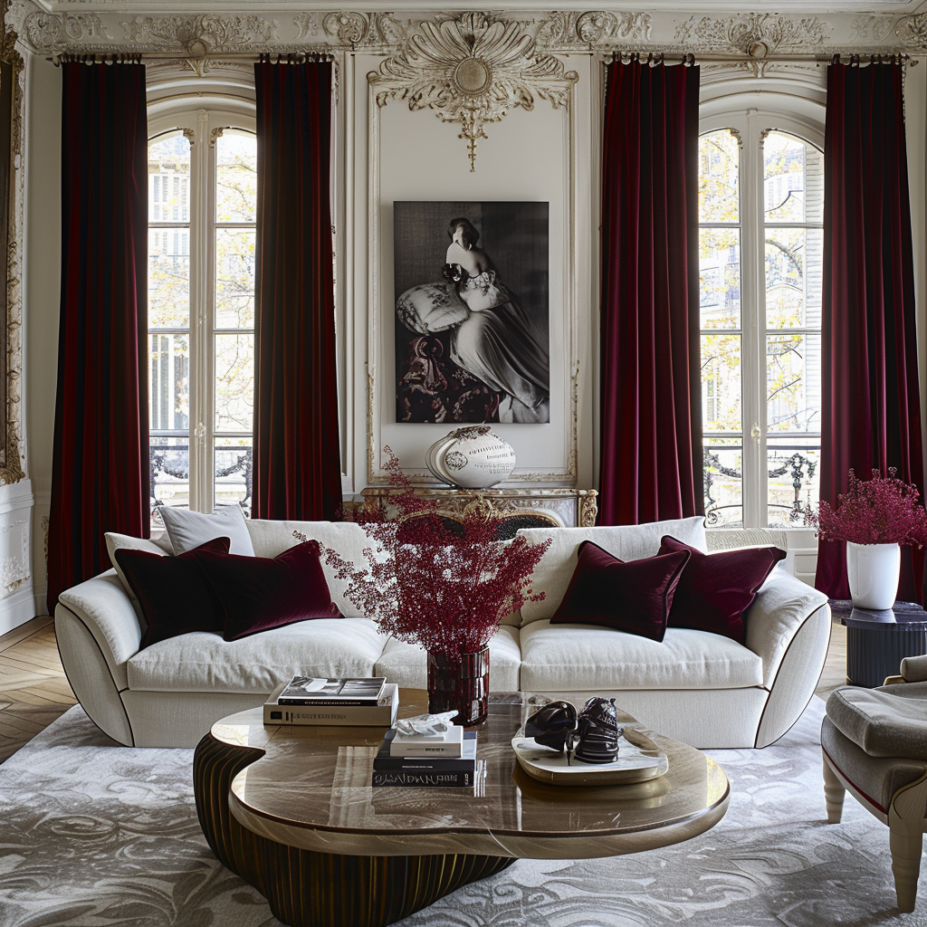 Cozy corner with a burgundy armchair, surrounded by classic books and lit by soft, ambient lighting