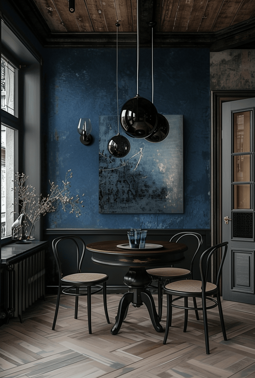 Cozy dark dining room concepts with dimmable pendant lights and rich wood finishes