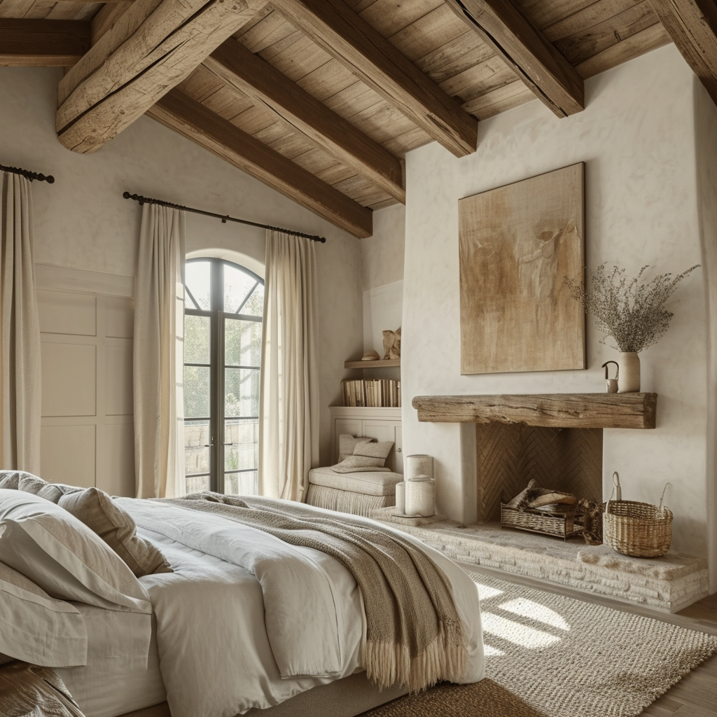 Cozy farmhouse bedroom with a reading nook and warm, ambient lighting