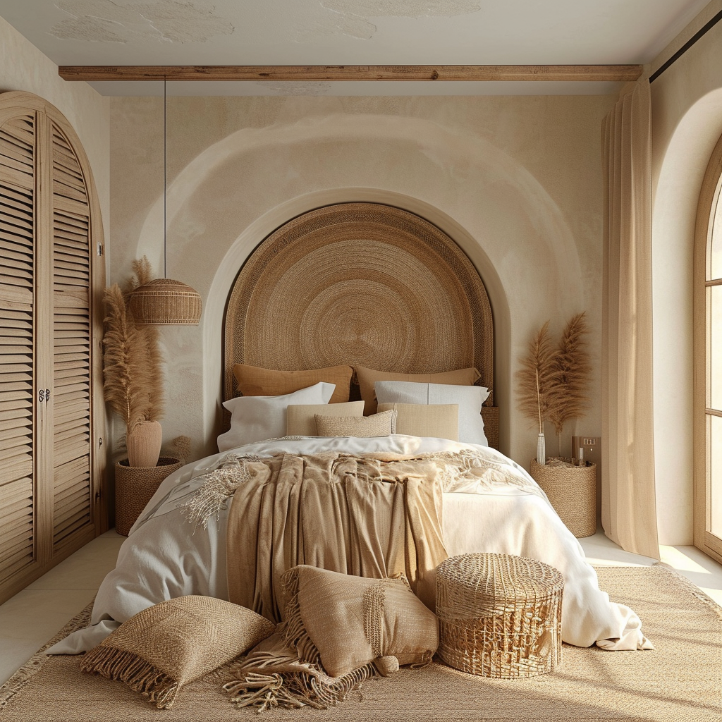 Cozy farmhouse bedroom with rustic wooden furniture and soft, neutral color palette