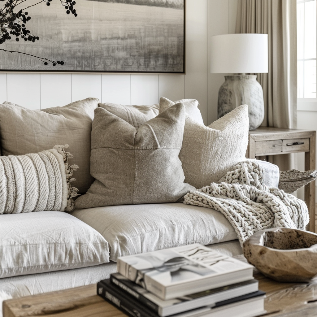 Cozy farmhouse corner with a linen sofa, wool throw, and wooden coffee table