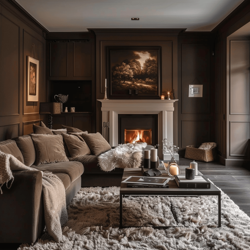 Cozy living room in rich  warm camel and chocolate brown tones