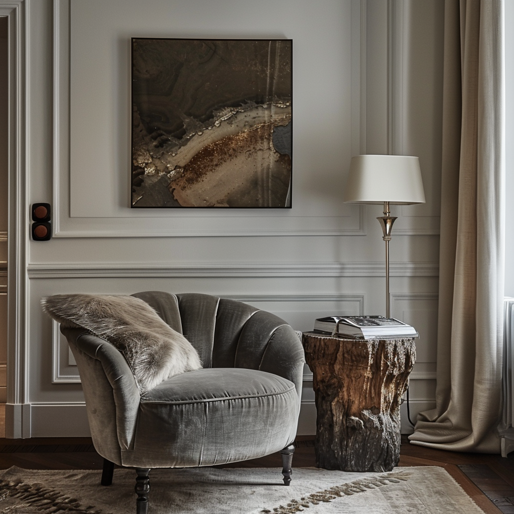 Cozy living space highlighting textural play, from a fluffy area rug to a sleek leather ottoman and rough wooden accents